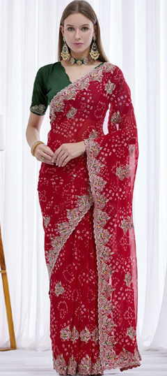 Red and Maroon color Saree in Georgette fabric with Embroidered work