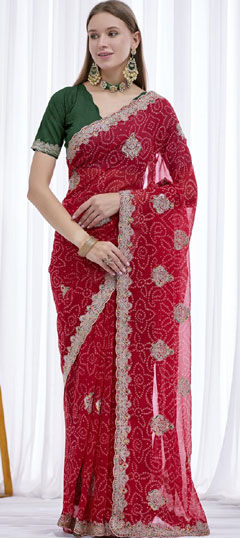 Red and Maroon color Saree in Georgette fabric with Embroidered work