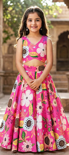 Pink and Majenta color Kids Lehenga in Viscose fabric with Printed work
