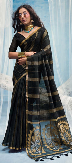 Black and Grey color Saree in Cotton fabric with Weaving work