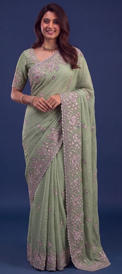 Green color Saree in Bemberg fabric with Embroidered work