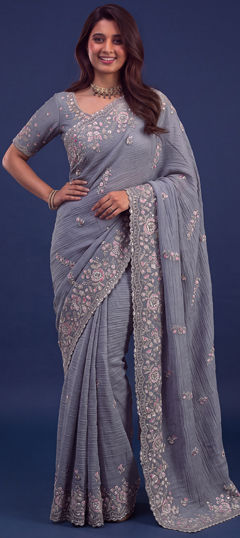 Blue color Saree in Bemberg fabric with Embroidered work