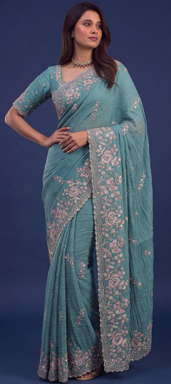 Blue color Saree in Bemberg fabric with Embroidered work
