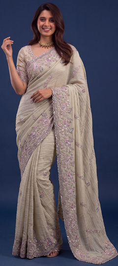 Beige and Brown color Saree in Bemberg fabric with Embroidered work
