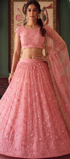Pink and Majenta color Lehenga in Net fabric with Bugle Beads, Embroidered, Sequence, Thread work
