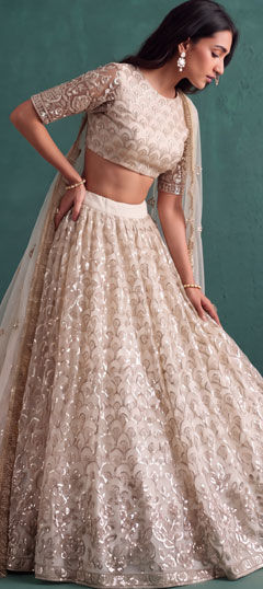 White and Off White color Lehenga in Net fabric with Bugle Beads, Embroidered, Sequence, Thread work