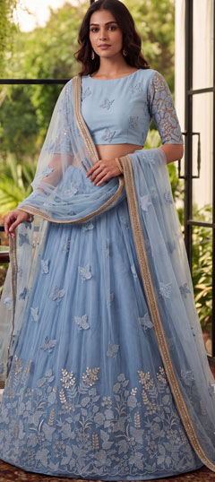 Blue color Lehenga in Net fabric with Bugle Beads, Embroidered, Sequence, Thread work