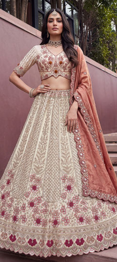 Beige and Brown color Lehenga in Silk fabric with Embroidered, Sequence work