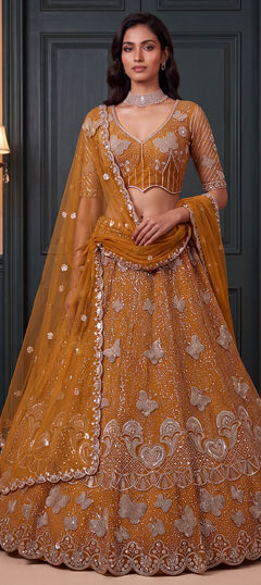 Yellow color Lehenga in Net fabric with Embroidered, Sequence work