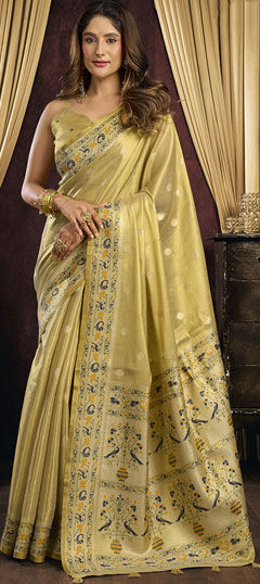 Gold color Saree in Blended fabric with Weaving work