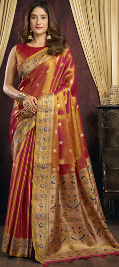 Red and Maroon color Saree in Blended fabric with Weaving work