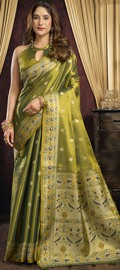 Green color Saree in Blended fabric with Weaving work