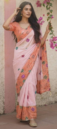 Multicolor color Saree in Silk fabric with Bandhej, Lace, Printed work