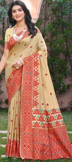 Beige and Brown, Red and Maroon color Saree in Silk fabric with Embroidered work