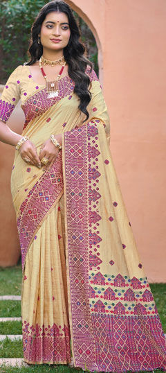 Beige and Brown, Purple and Violet color Saree in Silk fabric with Embroidered work