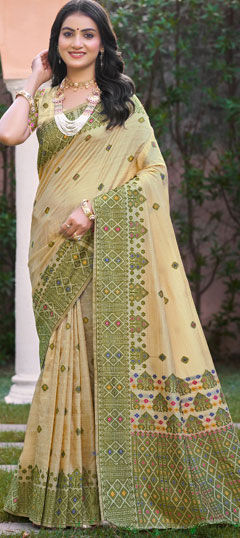 Beige and Brown, Green color Saree in Silk fabric with Embroidered work
