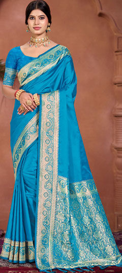 Blue color Saree in Silk fabric with Aari, Printed work