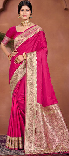 Pink and Majenta color Saree in Silk fabric with Aari, Printed work
