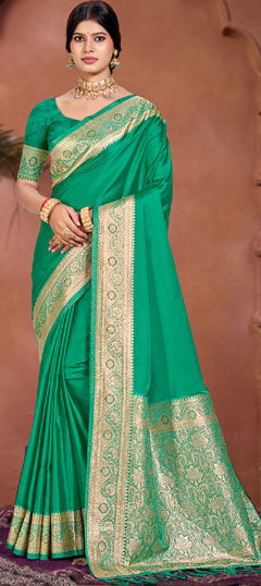 Green color Saree in Silk fabric with Aari, Printed work
