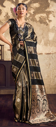 Black and Grey color Saree in Satin Silk fabric with Weaving, Zari work