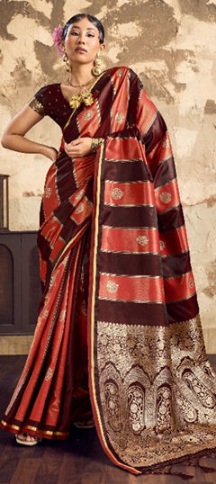 Red and Maroon color Saree in Satin Silk fabric with Weaving, Zari work