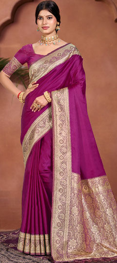 Purple and Violet color Saree in Silk fabric with Aari, Printed work