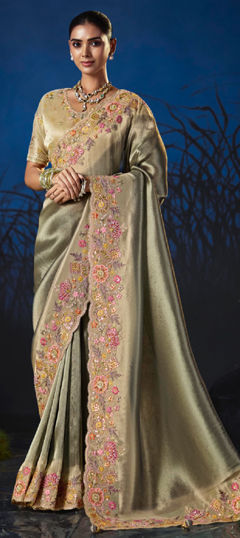 Gold color Saree in Silk fabric with Embroidered, Sequence, Thread, Zari work