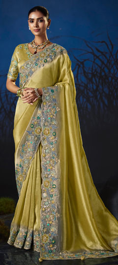 Yellow color Saree in Silk fabric with Embroidered, Sequence, Thread, Zari work