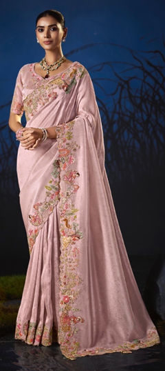 Pink and Majenta color Saree in Silk fabric with Embroidered, Sequence, Thread, Zari work