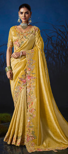 Yellow color Saree in Silk fabric with Embroidered, Sequence, Thread, Zari work