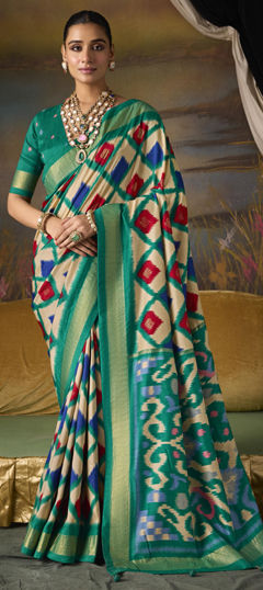 Blue, White and Off White color Saree in Silk fabric with Printed, Weaving work