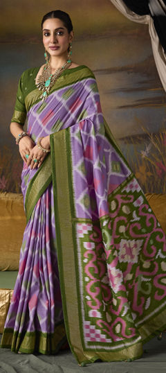 Green, Purple and Violet color Saree in Silk fabric with Printed, Weaving work
