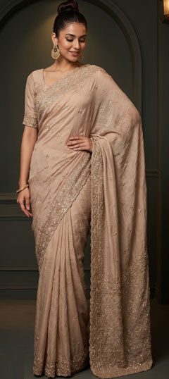 Beige and Brown color Saree in Georgette fabric with Bugle Beads, Embroidered, Sequence work