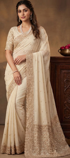 White and Off White color Saree in Georgette fabric with Bugle Beads, Embroidered, Sequence work