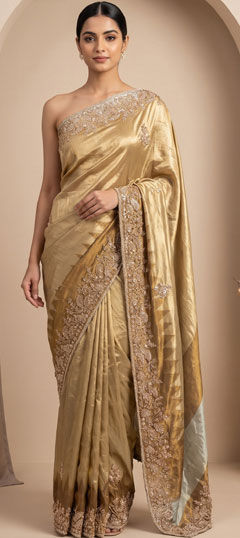 Beige and Brown color Saree in Naylon Silk, Tissue fabric with Cut Dana, Sequence, Zardozi work