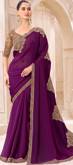 Purple and Violet color Saree in Chiffon fabric with Embroidered, Sequence work