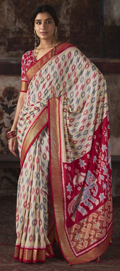 Pink and Majenta, White and Off White color Saree in Silk fabric with Printed work