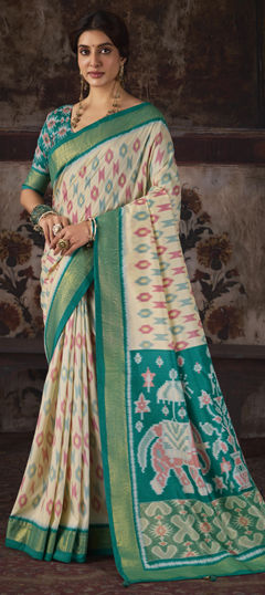 Blue, White and Off White color Saree in Silk fabric with Printed work