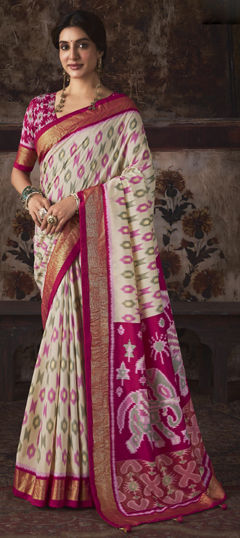 Pink and Majenta, White and Off White color Saree in Silk fabric with Printed work