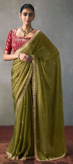 Green color Saree in Blended fabric with Cut Dana, Sequence, Thread work