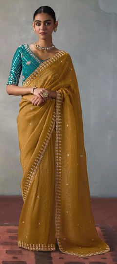 Yellow color Saree in Blended fabric with Cut Dana, Sequence, Thread work