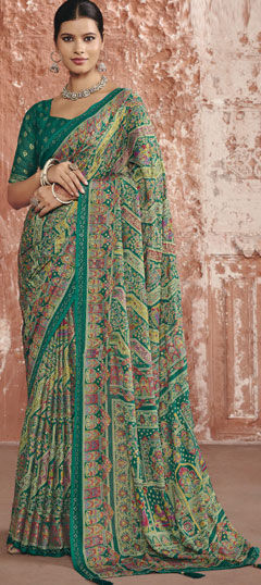 Green color Saree in Silk fabric with Printed work