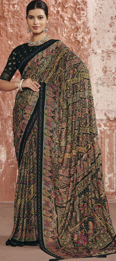 Black and Grey color Saree in Silk fabric with Printed work