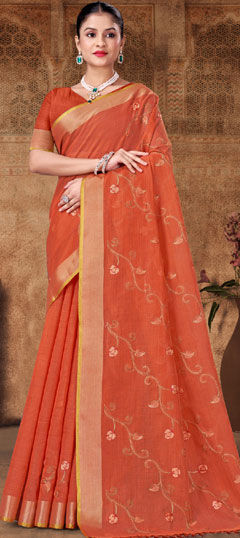 Orange color Saree in Cotton fabric with Embroidered work