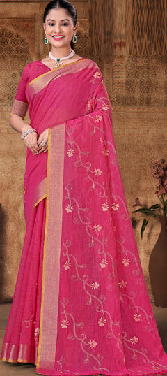 Pink and Majenta color Saree in Cotton fabric with Embroidered work