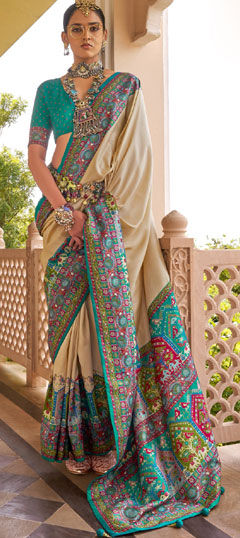 Blue, White and Off White color Saree in Silk fabric with Printed, Weaving work