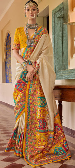 White and Off White, Yellow color Saree in Silk fabric with Printed, Weaving work