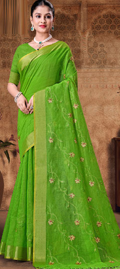 Green color Saree in Cotton fabric with Embroidered work