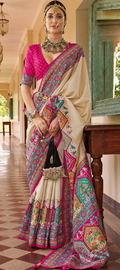 Pink and Majenta, White and Off White color Saree in Silk fabric with Printed, Weaving work