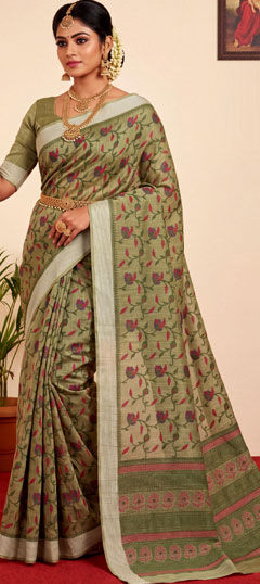 Green color Saree in Cotton fabric with Printed work